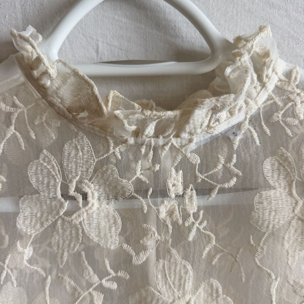 Endless Rose Sheer Floral Embroidered Mesh Blouse Ivory Ruffle Neck Sz S Fairy - Picture 9 of 13